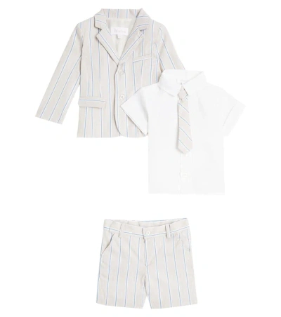 Patachou Baby Jacket, Tie, Shirt, And Shorts Set In Beige/blue Stripes
