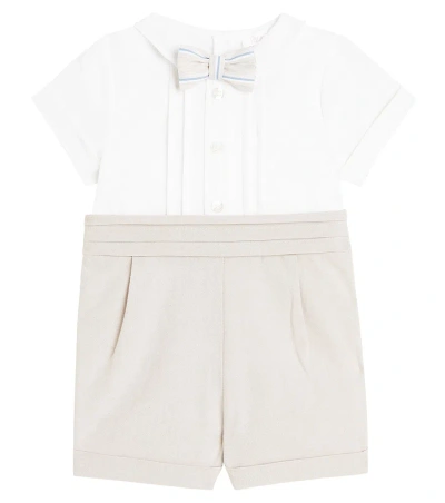 Patachou Baby Linen Top And Pants Set In Beige/blue Stripes