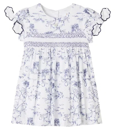 Patachou Kids' Baby Shirred Toile De Jouy Cotton Dress In Blue