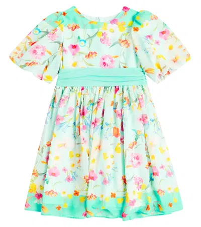 Patachou Kids' Balloon-sleeve Floral Dress In Blue