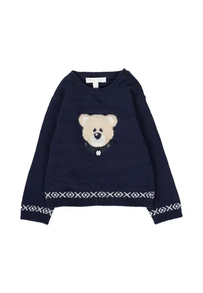 Patachou Blue Sweater For Baby Boy With Bear In Black