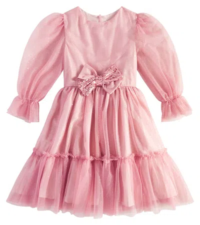 Patachou Kids' Bow-detail Glitter Tulle Dress In Pink