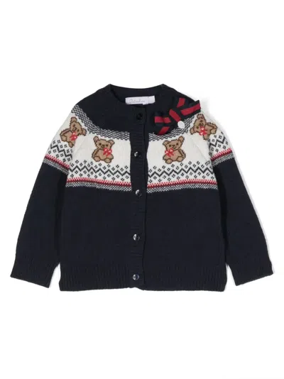 Patachou Babies' Bow-detail Intarsia-knit Cardigan In Blue