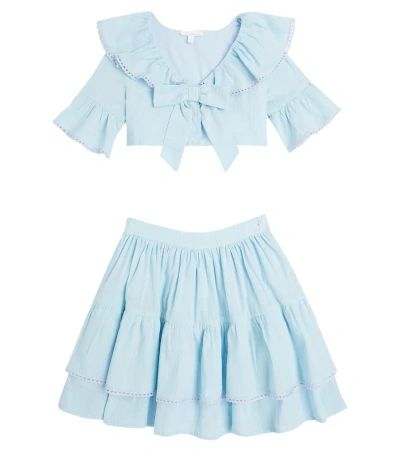 Patachou Kids' Bow-detail Poplin Shirt And Skirt Set In Blue