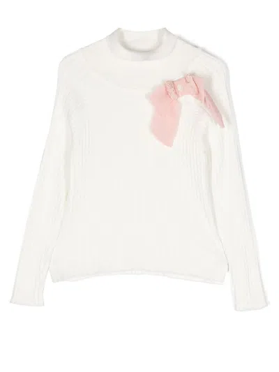 Patachou Kids' Bow-detail Ribbed-knit Jumper In White