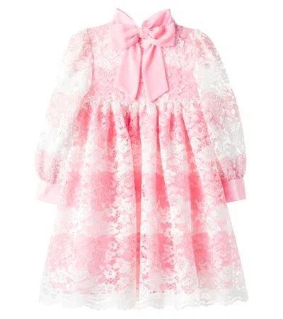 Patachou Kids' Bow-detail Shirred Lace Dress In Pink