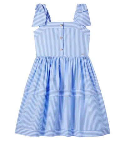 Patachou Kids' Bow-detail Striped Cotton Dress In Blue