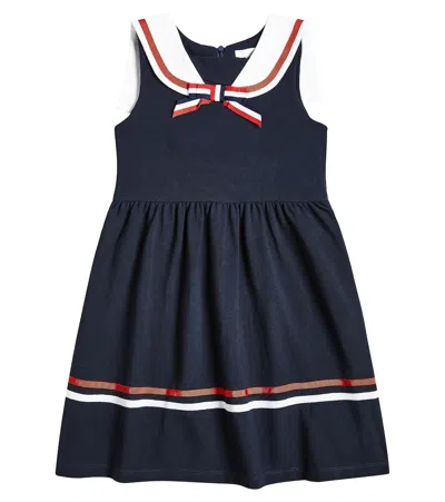 Patachou Kids' Bow-detail Striped Cotton Dress In Blue