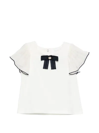 Patachou Kids' Bow-embellishment Fluted-sleeve Blouse In White