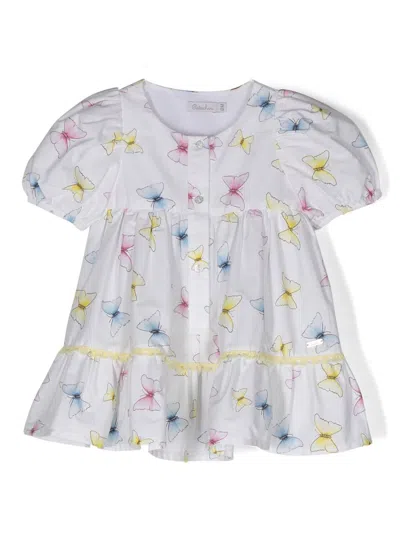 Patachou Babies' Butterfly-print Tiered Dress In White
