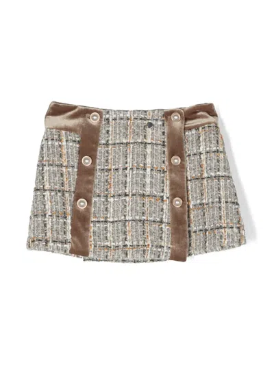 Patachou Kids' Check-pattern Panelled Tweed Skirt In Grey