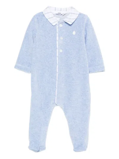 Patachou Babies' Checked-collar Velvet Pajama In Blue