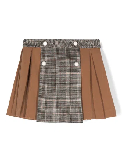 Patachou Kids' Checked-panel Skirt In Brown