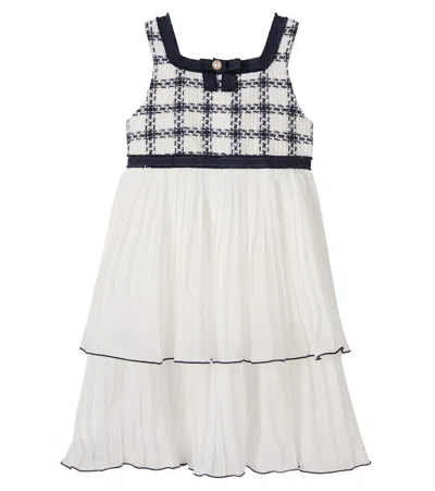 Patachou Kids' Checked Plissé Cotton-blend Tweed Dress In Blue