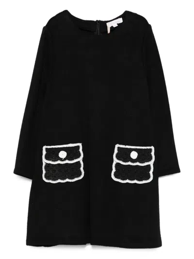Patachou Kids' Crochet-pocket Long-sleeve Dress In Black