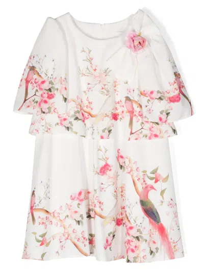 Patachou Kids' Floral-appliqué Bird-print Dress In White