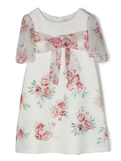 Patachou Kids' Floral-appliqué Rose-print Dress In White