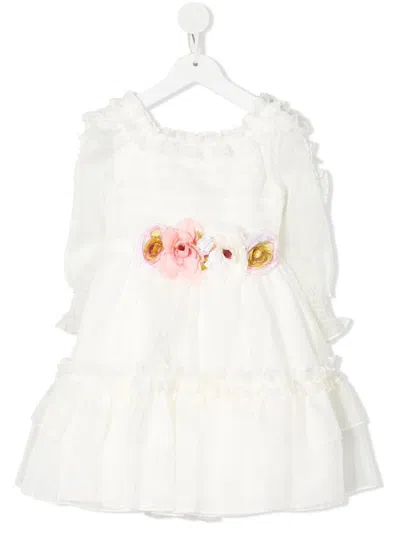 Patachou Kids' Floral-appliqué Ruched-detail Dress In White