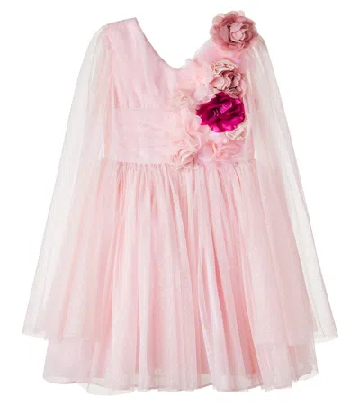 Patachou Kids' Floral-appliqué Tulle Dress In Pink