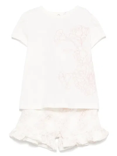 Patachou Babies' Floral-embroidered T-shirt And Shorts In 白色