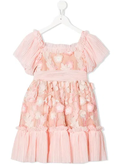 Patachou Kids' Floral-print Embroidery Dress In Pink