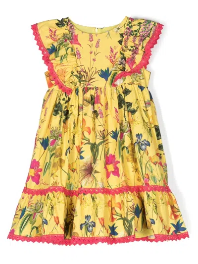 Patachou Kids' Floral-print Flared Dress In Yellow