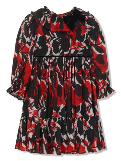 Patachou Kids' Floral-print Pleated Dress In Red