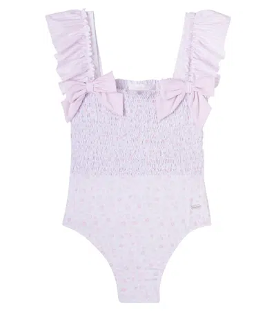 Patachou Kids' Floral Ruffled Shirred Swimsuit In Purple
