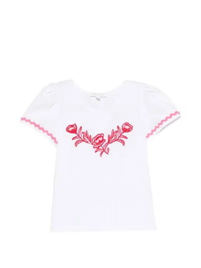Patachou Kids' Floral-embroidery Ruffled-sleeve Top In White
