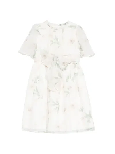 Patachou Kids' Floral-print Bow-detail Dress In White