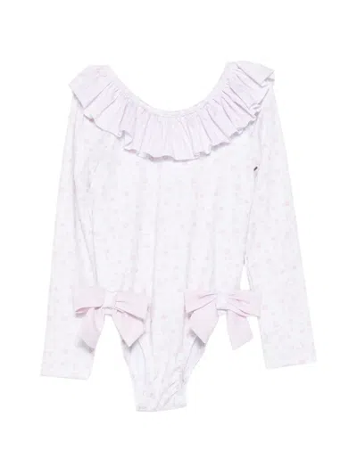 Patachou Kids' Floral-print Ruffled Swimsuit In White