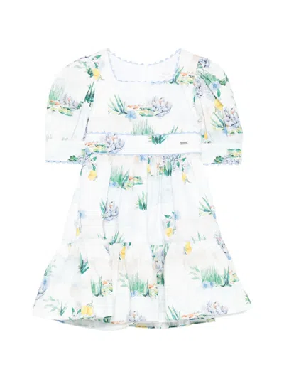 Patachou Kids' Floral-print Scalloped-trim Dress In White