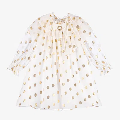 Patachou Kids' Girls Ivory & Gold Dot Silk Chiffon Dress