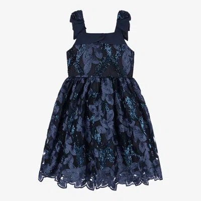 Patachou Kids' Girls Navy Blue Embroidered Tulle Dress
