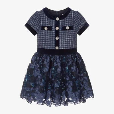 Patachou Kids' Girls Navy Blue Tweed & Tulle Dress