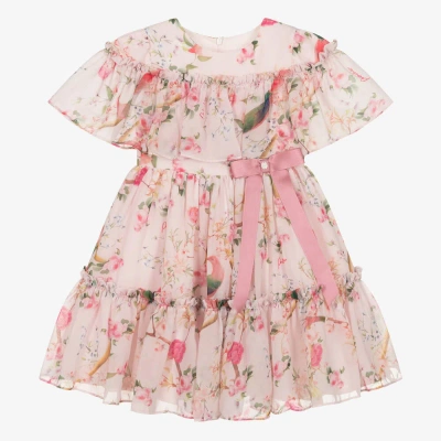 Patachou Kids' Girls Pink Floral Birds Chiffon Dress