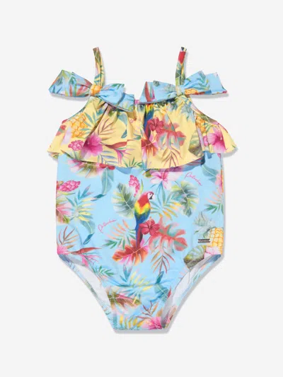 Patachou Kids' Tropical-print Ruffled Swimsuit In Yellow