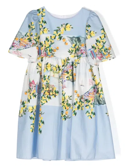Patachou Kids' Illustration-print Cotton Dress In 蓝色