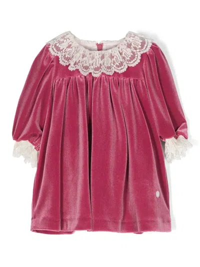 Patachou Kids' Lace-detailing Velvet Dress In Pink