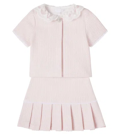 Patachou Kids' Lace-trimmed Tweed Jacket And Skirt Set In Pink