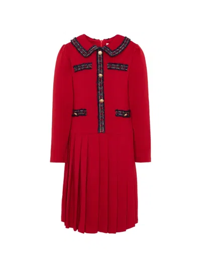 Patachou Kids' Pleated Bouclé-trim Dress In Red