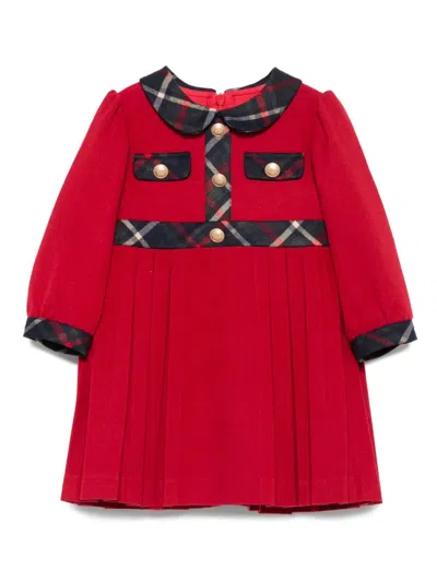 Patachou Kids' Pleated Plaid-trimmed Dress In Red