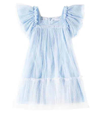 Patachou Kids' Polka-dot Pleated Chiffon Dress In Sky Blue