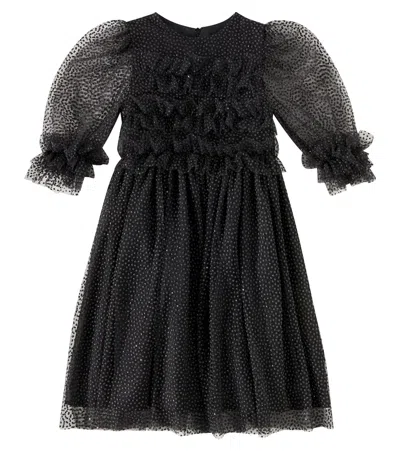 Patachou Kids' Polka-dot Tulle Dress In Black
