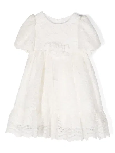 Patachou Kids' Puff-sleeve Lace-overlay Dress In White