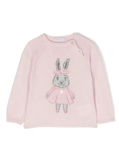 Patachou Babies' Rabbit-intarsia Crew-neck Jumper In Pink