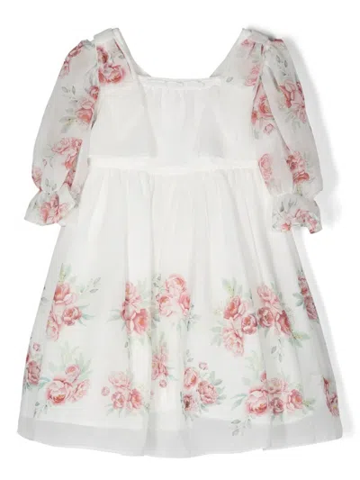 Patachou Kids' Rose-print Square-neck Dress In White