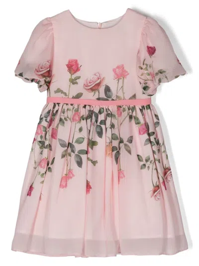 Patachou Kids' Rosebud-print Short-sleeve Dress In Pink