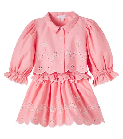 Patachou Kids' Ruffled Broderie Anglaise Cotton Shirt And Skirt Set In Pink