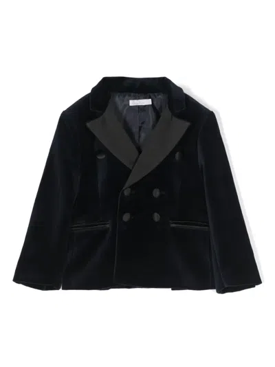 Patachou Kids' Satin-lapels Velvet Double-breasted Blazer In Blue
